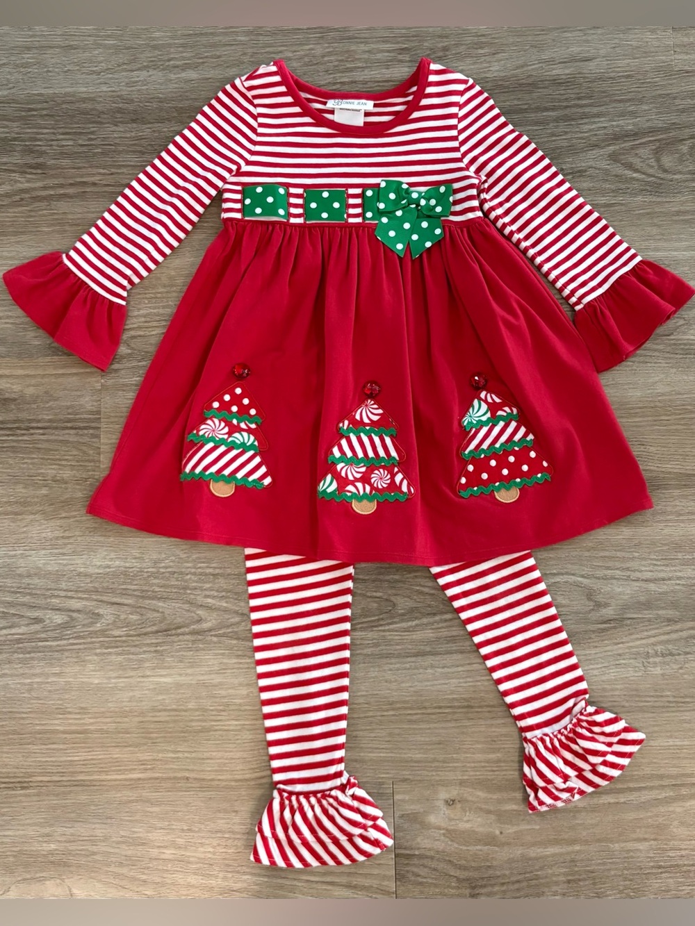 Bonnie Jean Red & Green Striped Christmas Holiday Tree Dress with Leggings 4T